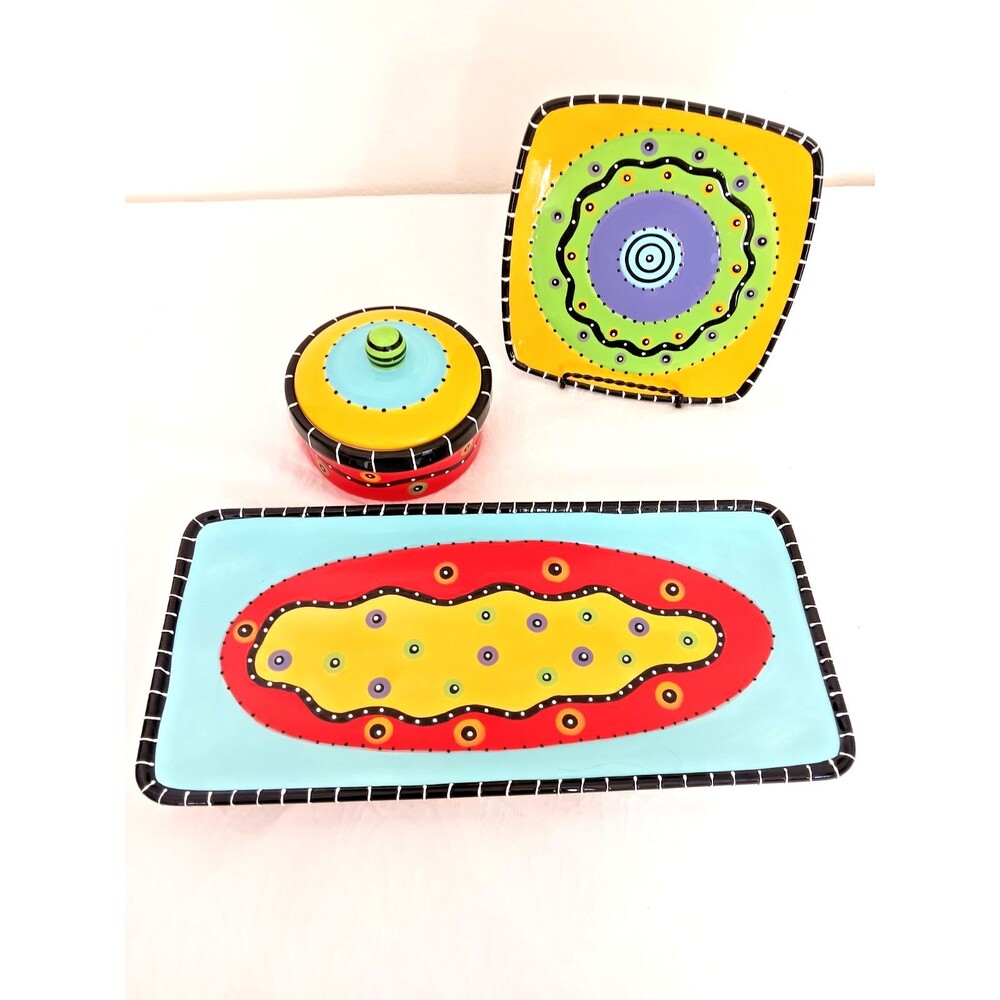 Bella Casa II 3-Piece Hand Painted Serving Set Tray Plate Covered Bowl Colorful